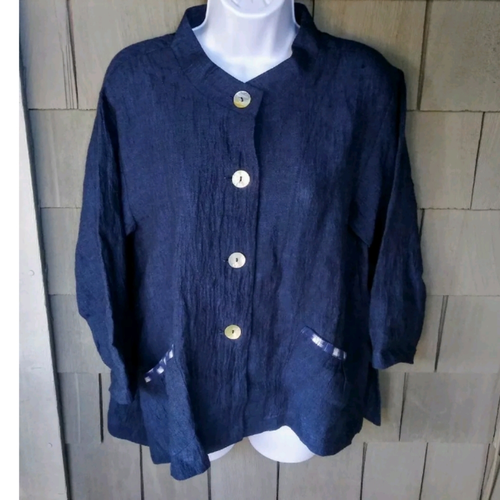Yasuko kurisaka Blue Oversized Jacket Lagenlook Boxy Cotton S/M Small Medium